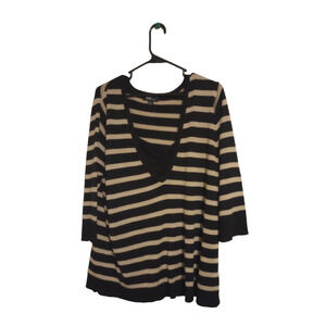 AGB Long Sleeve Striped V Neck Knit Sweater Top Size 2X Black & Brown 28"L